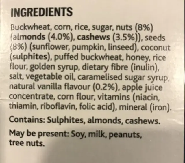 Thank Goodness Gluten Free Vanilla & Akmond Muesli ingredients label