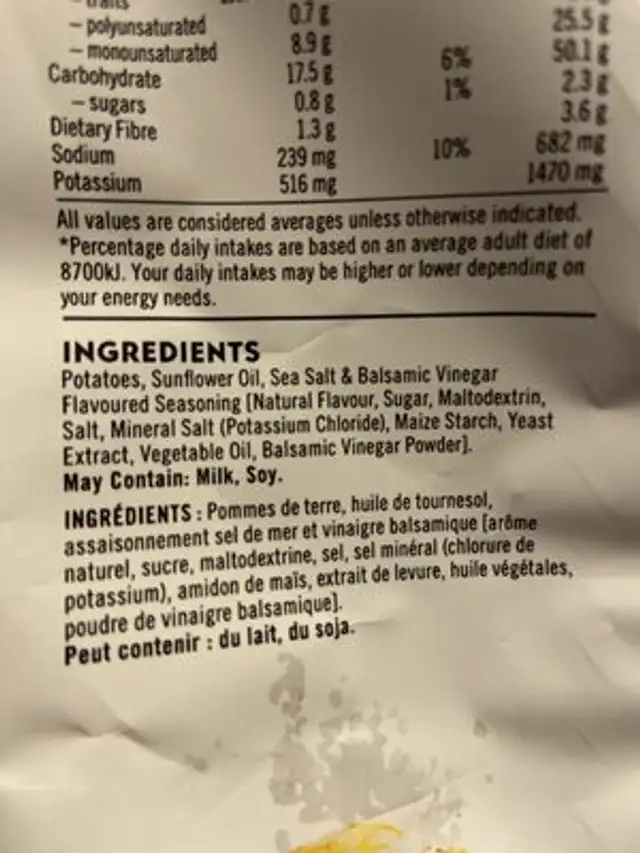 Eta Uppercuts Sea Salt & Balsamic Vinegar ingredients label