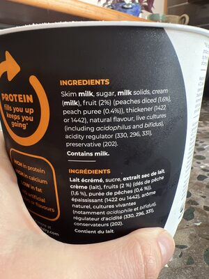 protein+ Greek style yoghurt Peach ingredients label