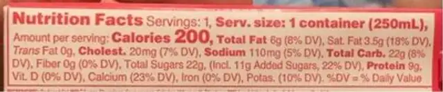Strawberry Milk nutrition facts table