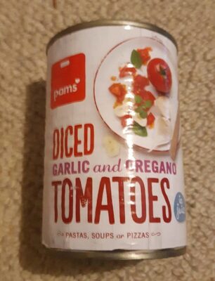 Diced tomatoes garlic and oregano front packaging