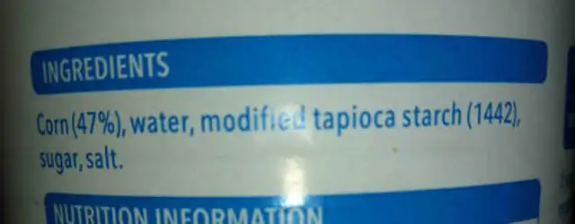 Creamed sweetcorn ingredients label