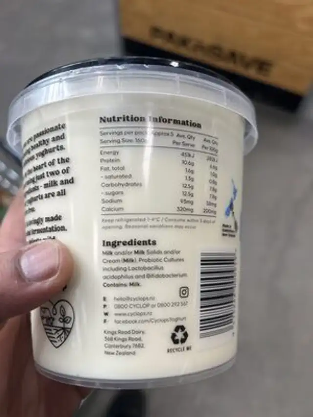 Thick & Creamy Yoghurt 1% Fat ingredients label