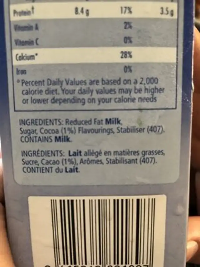 Lait chocolat ANCHOR ingredients label