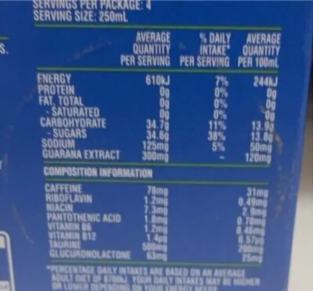 V Blue Energy drink nutrition facts table