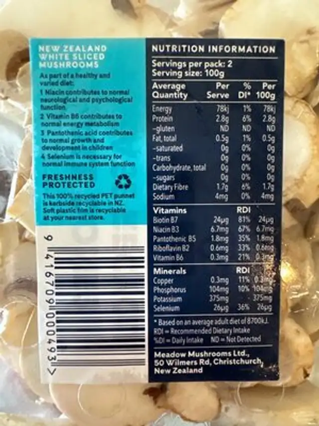 White Sliced Mushroom nutrition facts table