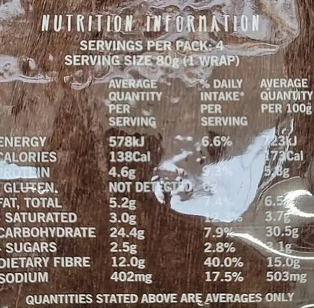 Gluten Free Sourdough SuperSeeds Wraps nutrition facts table