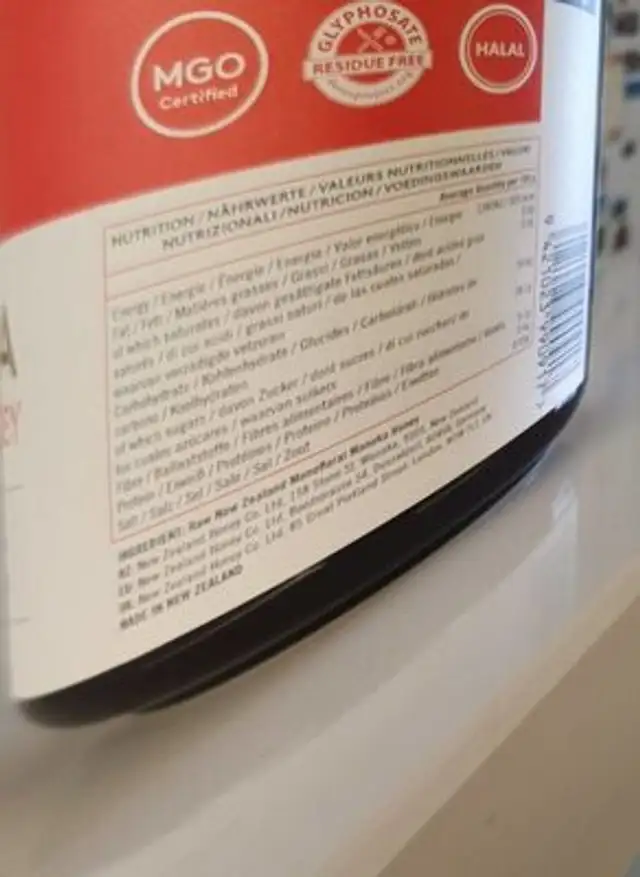 Mānuka UMF 15+ (MGO 514+) nutrition facts table