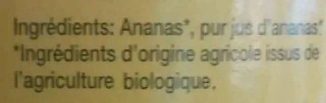 Ananas en morceaux au jus d'ananas sans sucres ajoutés ingredients label