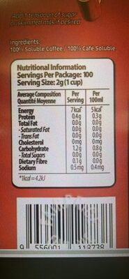 Soluble Coffee Nescafe Classic nutrition facts table