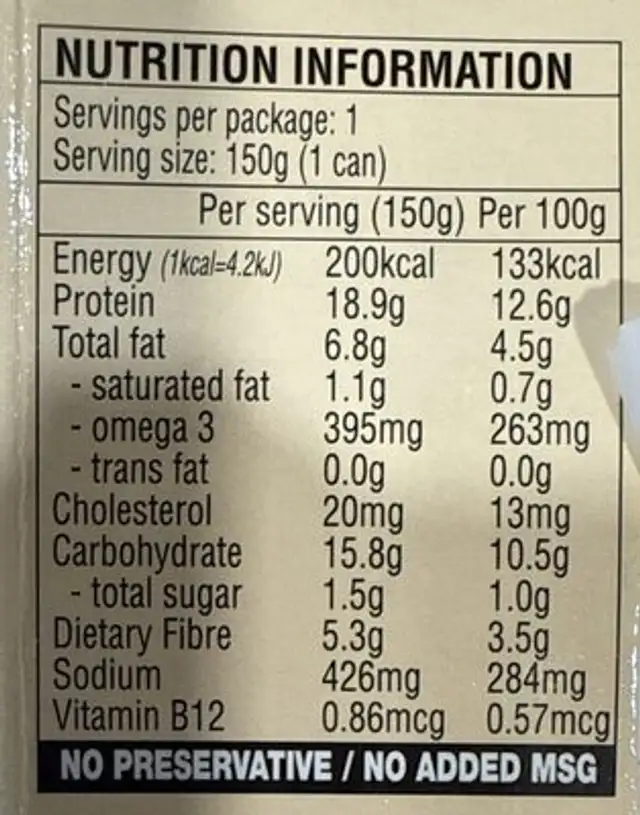 Tuna Meal With Beans And Millet nutrition facts table