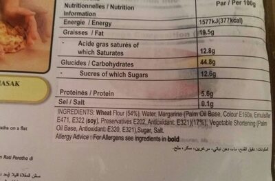 Kart's Original Roti Paratha 6 Pieces ingredients label