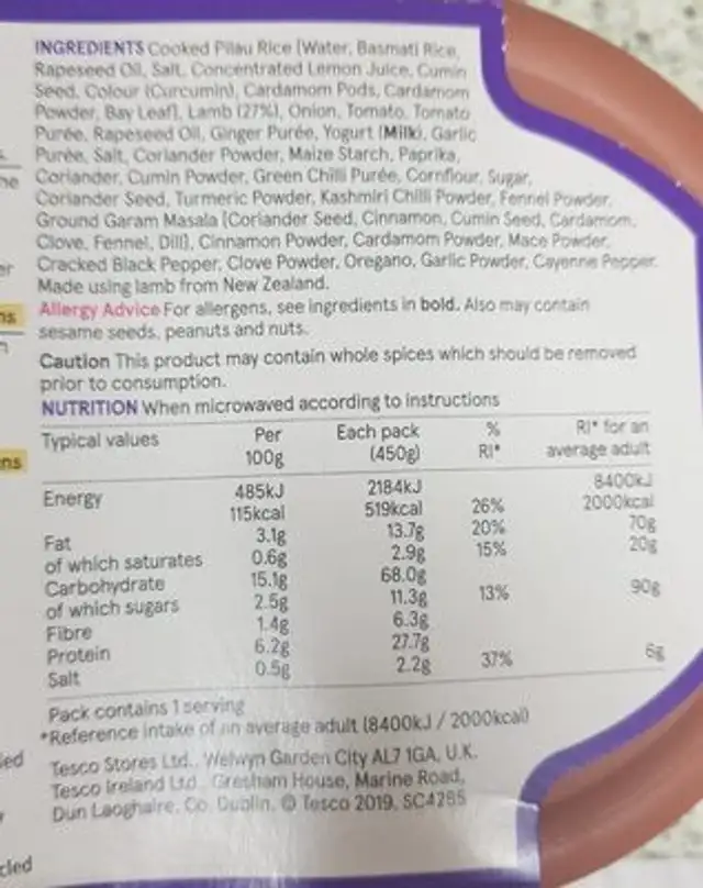 Lamb Rogan Josh With Pilau Rice nutrition facts table