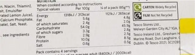 Ready Rolled Pizza Dough nutrition facts table