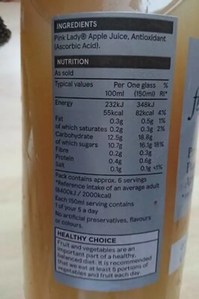 Pressed pink lady apple juice nutrition facts table