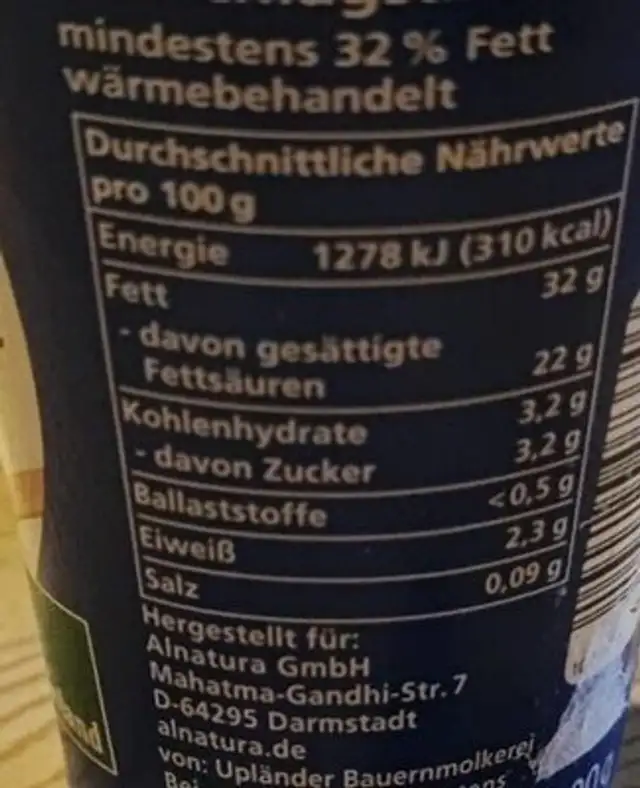 Alnatura Schlagsahne nutrition facts table