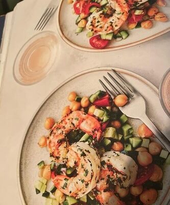 Grilled shrimp with cucumber chickpea salad