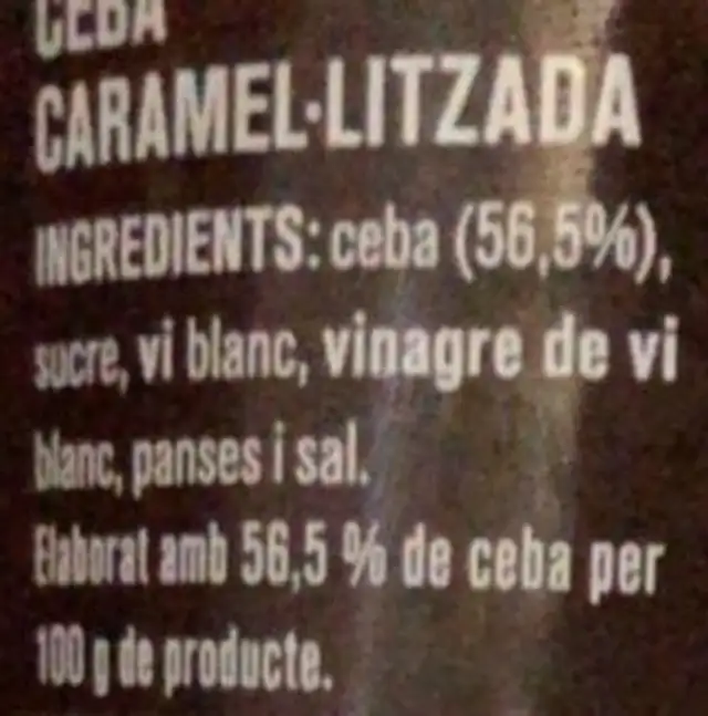 Ceba Caramel•litzada ingredients label