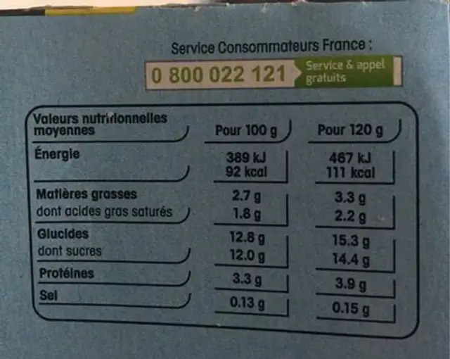 Brassé citron nutrition facts table