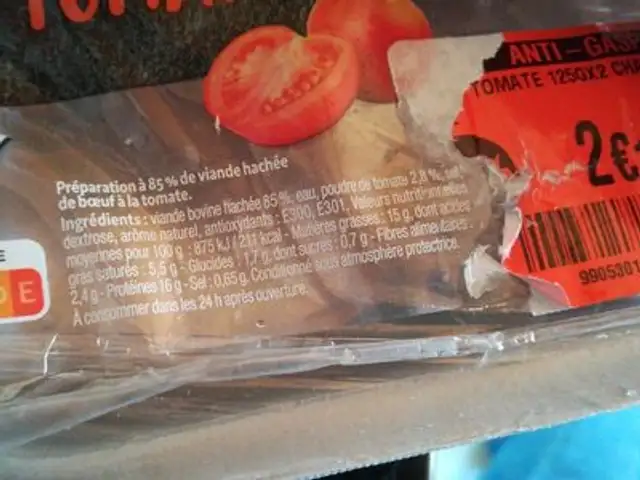 Viande hachée de bœuf à la tomate nutrition facts table