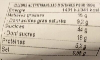 Torsades au chocolat nutrition facts table