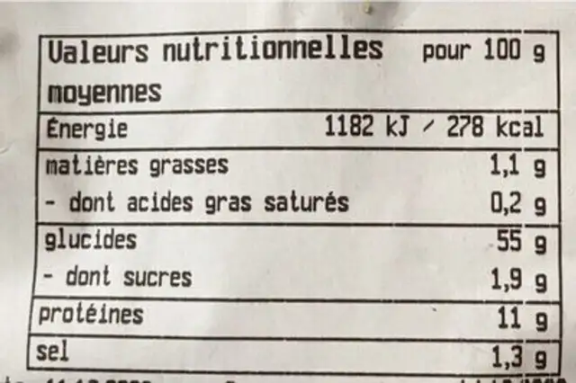 Pain nordique nutrition facts table